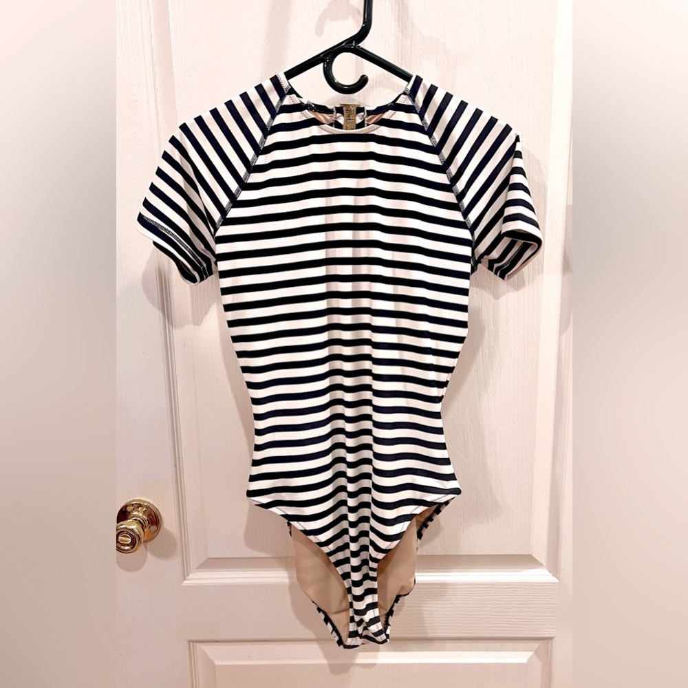 J.Crew 1 piece bathing suite classic navy & white striped. Gold buckle closure.